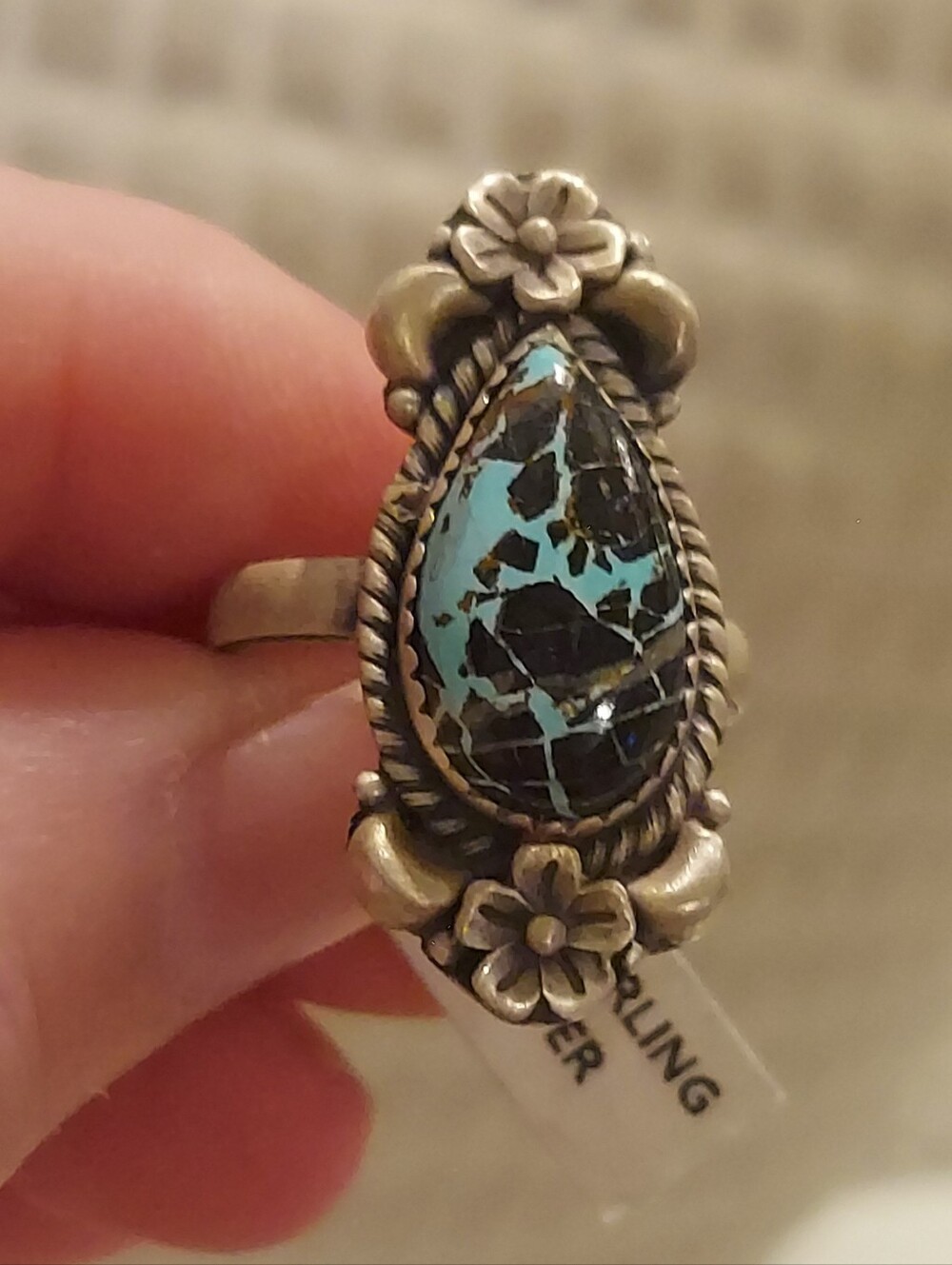 New Brushed Sterling Silver & Blackjack Turquoise Adjustable Ring